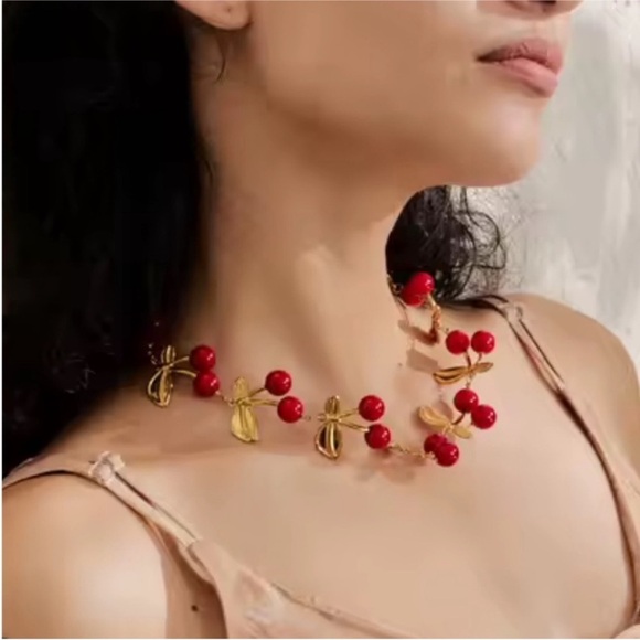 Cherry ๐ Design Gold and Red Beaded Stainless Steel Necklace - Picture 3 of 11